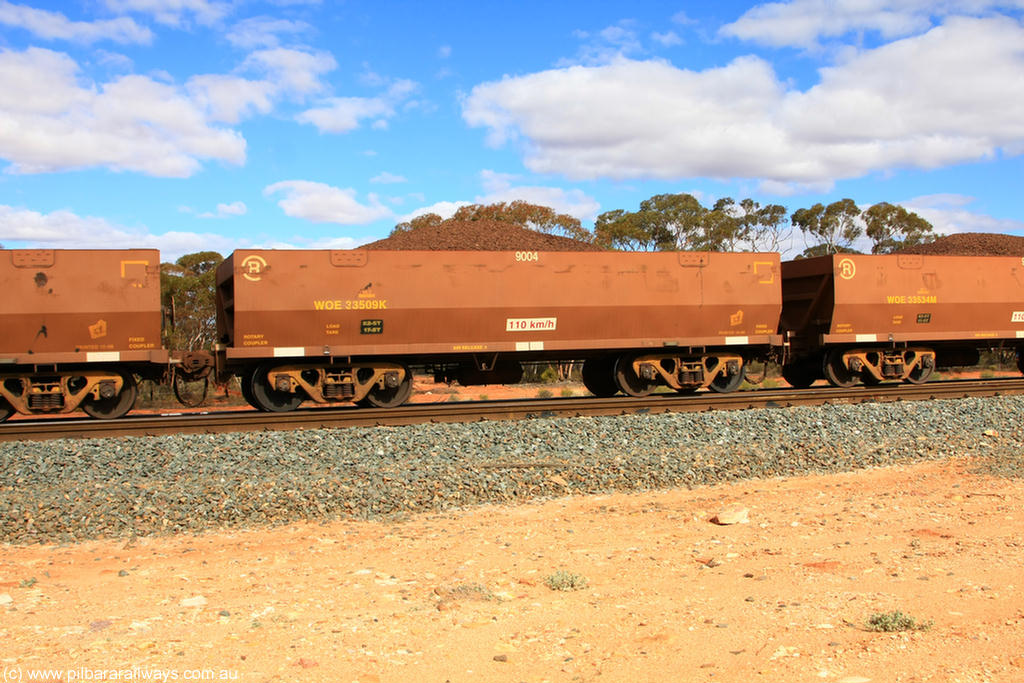 100731 02865
WOE type iron ore waggon WOE 33509 is one of a batch of one hundred and twenty eight built by United Group Rail WA between August 2008 and March 2009 with serial number 950211-049 and fleet number 9004 for Koolyanobbing iron ore operations, on loaded train 7415 at Binduli Triangle, 31st July 2010.
Keywords: WOE-type;WOE33509;United-Group-Rail-WA;950211-049;