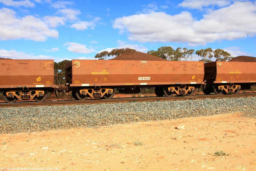 100731 02870
WOE type iron ore waggon WOE 33538 is one of a batch of one hundred and twenty eight built by United Group Rail WA between August 2008 and March 2009 with serial number 950211-078 and fleet number 9039 for Koolyanobbing iron ore operations, on loaded train 7415 at Binduli Triangle, 31st July 2010.
Keywords: WOE-type;WOE33538;United-Group-Rail-WA;950211-078;