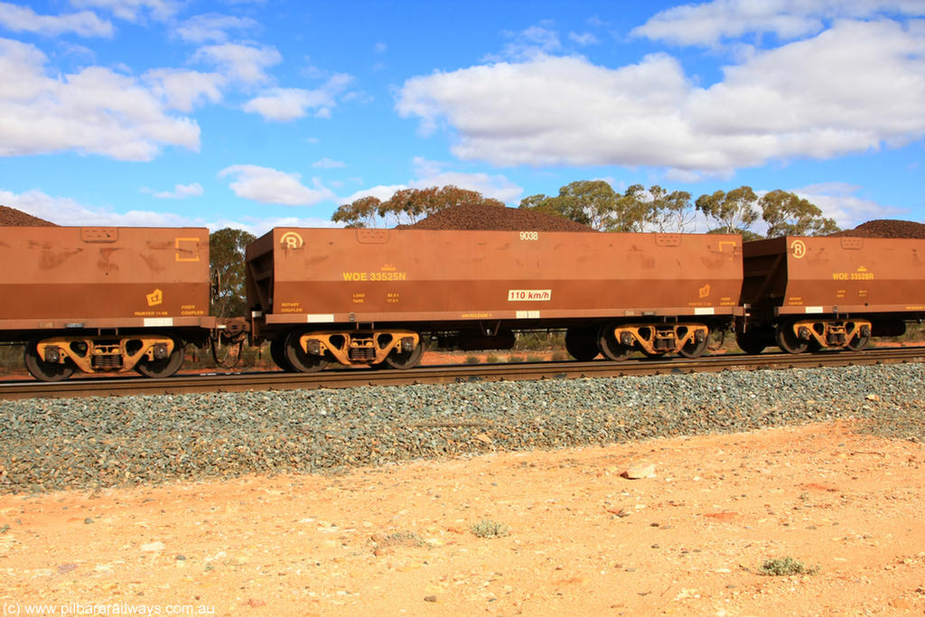 100731 02871
WOE type iron ore waggon WOE 33525 is one of a batch of one hundred and twenty eight built by United Group Rail WA between August 2008 and March 2009 with serial number 950211-065 and fleet number 9038 for Koolyanobbing iron ore operations, on loaded train 7415 at Binduli Triangle, 31st July 2010.
Keywords: WOE-type;WOE33525;United-Group-Rail-WA;950211-065;