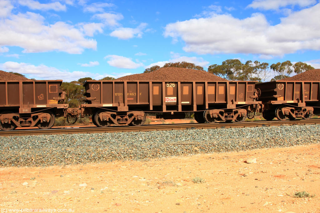 100731 02878
WOD type iron ore waggon WOD 31463 is one of a batch of sixty two built by Goninan WA between April and August 2000 with serial number 950086-035 and fleet number 526 for Koolyanobbing iron ore operations with a 75 ton capacity for Portman Mining to cart their Koolyanobbing iron ore to Esperance, now with PORTMAN painted out, on loaded train 7415 at Binduli Triangle, 31st July 2010.
Keywords: WOD-type;WOD31463;Goninan-WA;950086-035;