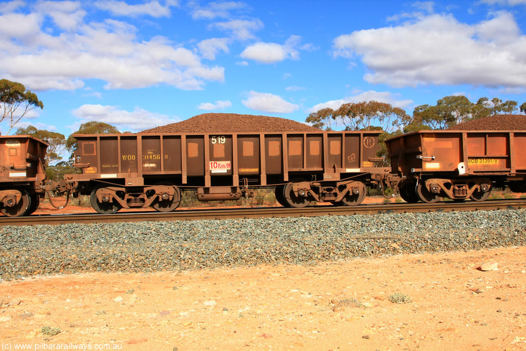100731 02895
WOD type iron ore waggon WOD 31456 is one of a batch of sixty two built by Goninan WA between April and August 2000 with serial number 950086-028 and fleet number 519 for Koolyanobbing iron ore operations with a 75 ton capacity for Portman Mining to cart their Koolyanobbing iron ore to Esperance, now with PORTMAN painted out, on loaded train 7415 at Binduli Triangle, 31st July 2010.
Keywords: WOD-type;WOD31456;Goninan-WA;950086-028;