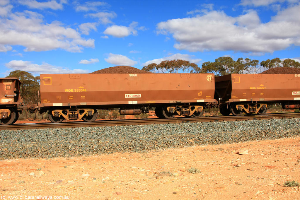 100731 02897
WOE type iron ore waggon WOE 33504 is one of a batch of one hundred and twenty eight built by United Group Rail WA between August 2008 and March 2009 with serial number 950211-044 and fleet number 9068 for Koolyanobbing iron ore operations, on loaded train 7415 at Binduli Triangle, 31st July 2010.
Keywords: WOE-type;WOE33504;United-Group-Rail-WA;950211-044;