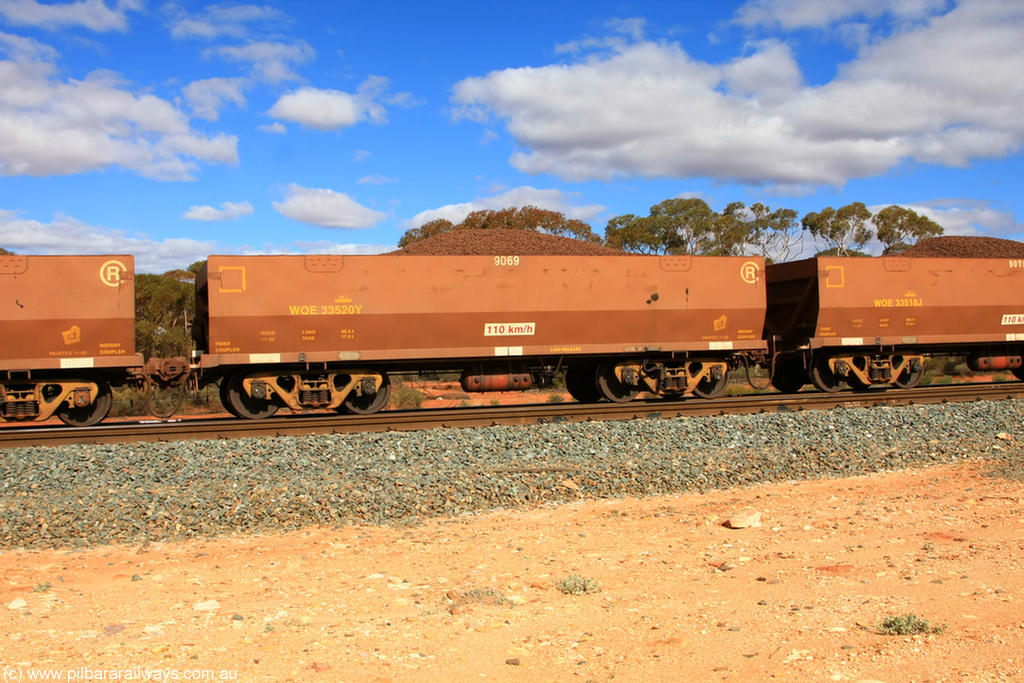 100731 02898
WOE type iron ore waggon WOE 33520 is one of a batch of one hundred and twenty eight built by United Group Rail WA between August 2008 and March 2009 with serial number 950211-060 and fleet number 9069 for Koolyanobbing iron ore operations, on loaded train 7415 at Binduli Triangle, 31st July 2010.
Keywords: WOE-type;WOE33520;United-Group-Rail-WA;950211-060;
