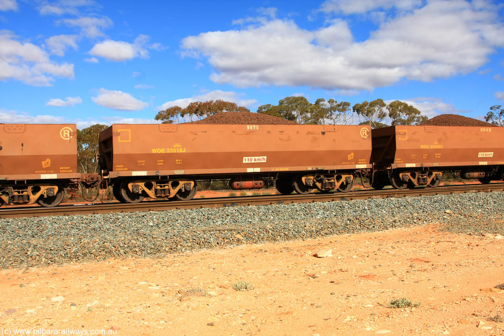 100731 02899
WOE type iron ore waggon WOE 33518 is one of a batch of one hundred and twenty eight built by United Group Rail WA between August 2008 and March 2009 with serial number 950211-058 and fleet number 9070 for Koolyanobbing iron ore operations, on loaded train 7415 at Binduli Triangle, 31st July 2010.
Keywords: WOE-type;WOE33518;United-Group-Rail-WA;950211-058;