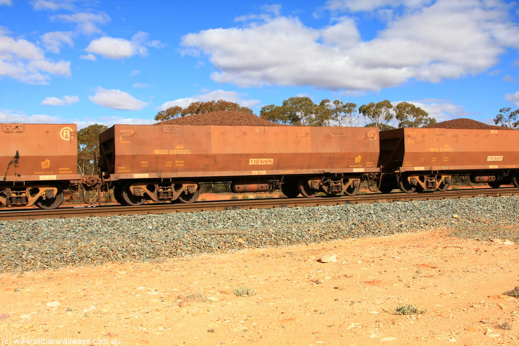 100731 02902
WOE type iron ore waggon WOE 33322 is one of a batch of one hundred and forty one built by United Goninan WA between November 2005 and April 2006 with serial number 950142-027 and fleet number 821 for Koolyanobbing iron ore operations, on loaded train 7415 at Binduli Triangle, 31st July 2010.
Keywords: WOE-type;WOE33322;United-Goninan-WA;950142-027;