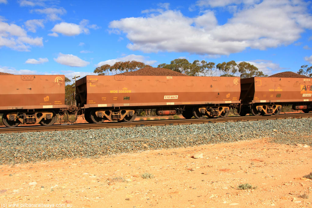 100731 02904
WOE type iron ore waggon WOE 33526 is one of a batch of one hundred and twenty eight built by United Group Rail WA between August 2008 and March 2009 with serial number 950211-066 and fleet number 9014 for Koolyanobbing iron ore operations, on loaded train 7415 at Binduli Triangle, 31st July 2010.
Keywords: WOE-type;WOE33526;United-Group-Rail-WA;950211-066;