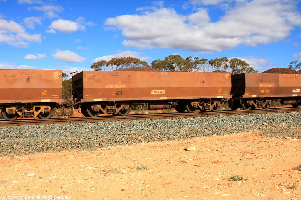 100731 02906
WOE type iron ore waggon WOE 33307 is one of a batch of one hundred and forty one built by United Goninan WA between November 2005 and April 2006 with serial number 950142-012 and fleet number 806 for Koolyanobbing iron ore operations, on loaded train 7415 at Binduli Triangle, 31st July 2010.
Keywords: WOE-type;WOE33307;United-Goninan-WA;950142-012;