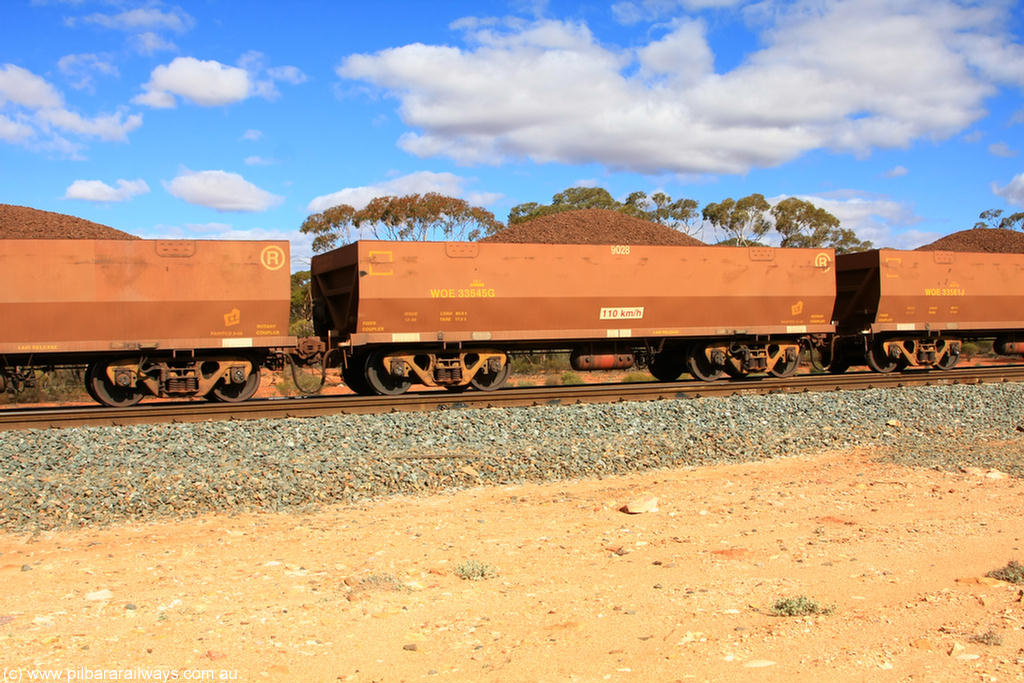 100731 02918
WOE type iron ore waggon WOE 33545 is one of a batch of one hundred and twenty eight built by United Group Rail WA between August 2008 and March 2009 with serial number 950211-085 and fleet number 9028 for Koolyanobbing iron ore operations, on loaded train 7415 at Binduli Triangle, 31st July 2010.
Keywords: WOE-type;WOE33545;United-Group-Rail-WA;950211-085;