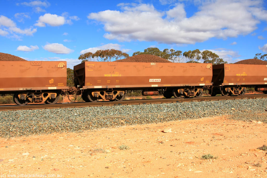100731 02919
WOE type iron ore waggon WOE 33561 is one of a batch of one hundred and twenty eight built by United Group Rail WA between August 2008 and March 2009 with serial number 950211-101 and fleet number 9051 for Koolyanobbing iron ore operations, on loaded train 7415 at Binduli Triangle, 31st July 2010.
Keywords: WOE-type;WOE33561;United-Group-Rail-WA;950211-101;