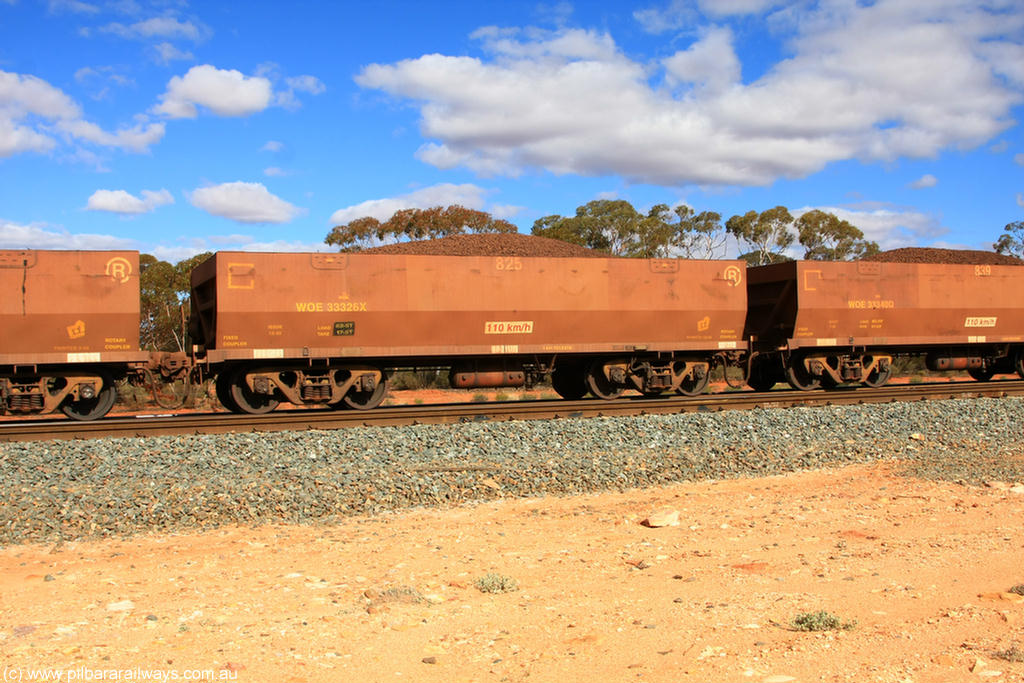 100731 02924
WOE type iron ore waggon WOE 33326 is one of a batch of one hundred and forty one built by United Goninan WA between November 2005 and April 2006 with serial number 950142-031 and fleet number 825 for Koolyanobbing iron ore operations, on loaded train 7415 at Binduli Triangle, 31st July 2010.
Keywords: WOE-type;WOE33326;United-Goninan-WA;950142-031;