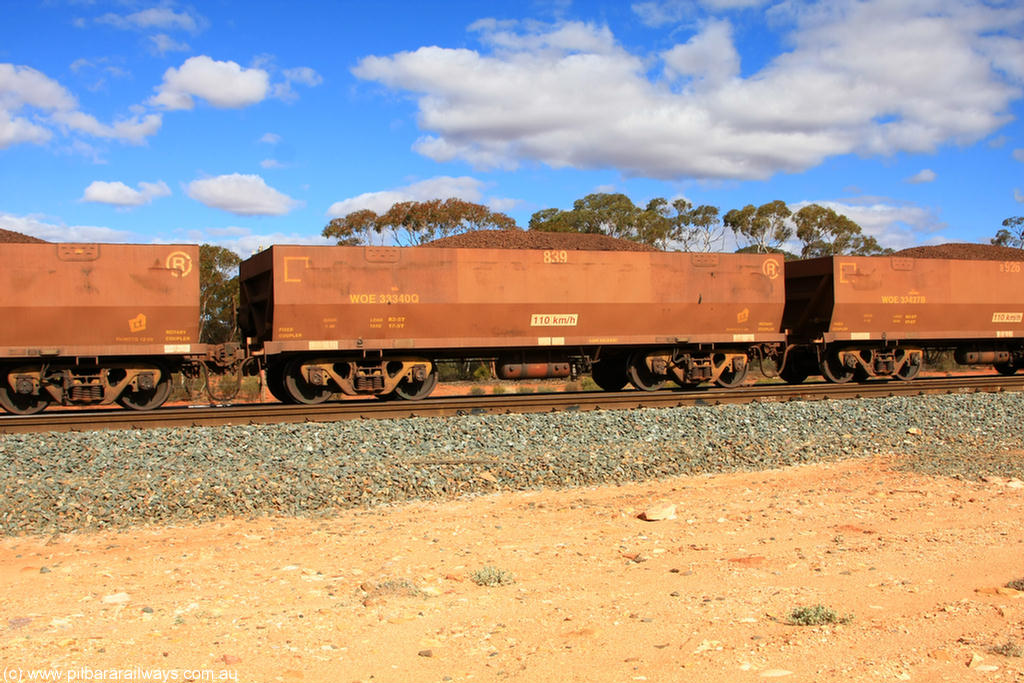 100731 02925
WOE type iron ore waggon WOE 33340 is one of a batch of one hundred and forty one built by United Goninan WA between November 2005 and April 2006 with serial number 950142-045 and fleet number 839 for Koolyanobbing iron ore operations, on loaded train 7415 at Binduli Triangle, 31st July 2010.
Keywords: WOE-type;WOE33340;United-Goninan-WA;950142-045;