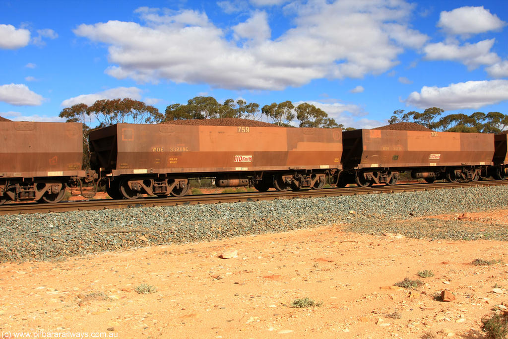 100731 02928
WOE type iron ore waggon WOE 33260 is one of a batch of twenty seven built by Goninan WA between September and October 2002 with serial number 950103-027 and fleet number 759 for Koolyanobbing iron ore operations, on loaded train 7415 at Binduli Triangle, 31st July 2010.
Keywords: WOE-type;WOE33260;Goninan-WA;950103-027;