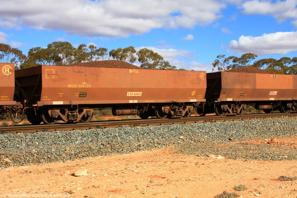 100731 02931
WOE type iron ore waggon WOE 33415 is one of a batch of one hundred and forty one built by United Group Rail WA between November 2005 and April 2006 with serial number 950142-120 and fleet number 8914 for Koolyanobbing iron ore operations, on loaded train 7415 at Binduli Triangle, 31st July 2010.
Keywords: WOE-type;WOE33415;United-Group-Rail-WA;950142-120;