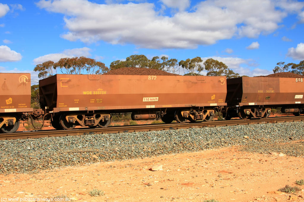 100731 02944
WOE type iron ore waggon WOE 33373 is one of a batch of one hundred and forty one built by United Goninan WA between November 2005 and April 2006 with serial number 950142-078 and fleet number 872 for Koolyanobbing iron ore operations, on loaded train 7415 at Binduli Triangle, 31st July 2010.
Keywords: WOE-type;WOE33373;United-Goninan-WA;950142-078;