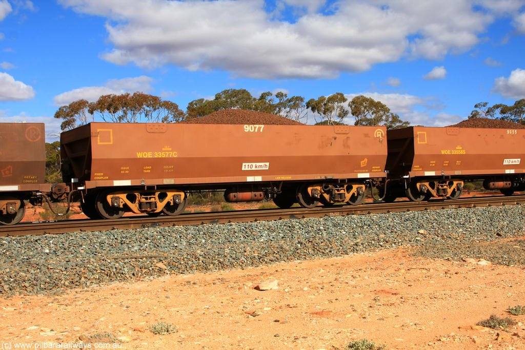 100731 02946
WOE type iron ore waggon WOE 33577 is one of a batch of one hundred and twenty eight built by United Group Rail WA between August 2008 and March 2009 with serial number 950211-117 and fleet number 9077 for Koolyanobbing iron ore operations, on loaded train 7415 at Binduli Triangle, 31st July 2010.
Keywords: WOE-type;WOE33577;United-Group-Rail-WA;950211-117;