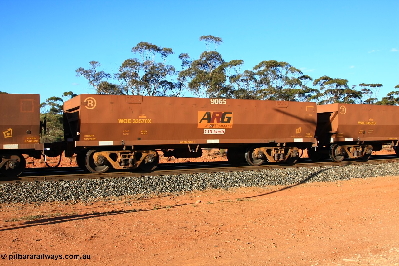 100731 03058
WOE type iron ore waggon WOE 33570 is one of a batch of one hundred and twenty eight built by United Group Rail WA between August 2008 and March 2009 with serial number 950211-110 and fleet number 9065 for Koolyanobbing iron ore operations, empty train arriving at Binduli Triangle, 31st July 2010.
Keywords: WOE-type;WOE33570;United-Group-Rail-WA;950211-110;