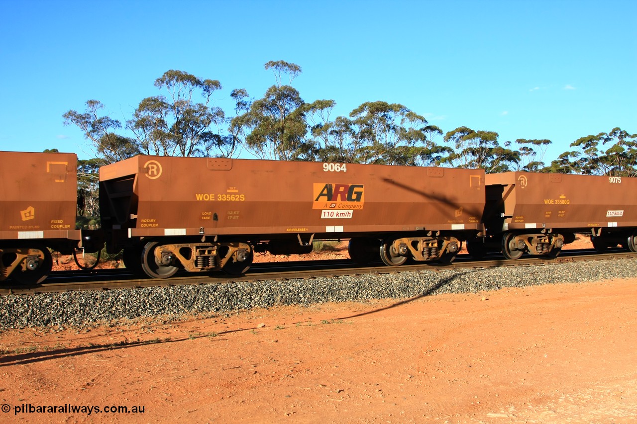 100731 03059
WOE type iron ore waggon WOE 33562 is one of a batch of one hundred and twenty eight built by United Group Rail WA between August 2008 and March 2009 with serial number 950211-102 and fleet number 9064 for Koolyanobbing iron ore operations, empty train arriving at Binduli Triangle, 31st July 2010.
Keywords: WOE-type;WOE33562;United-Group-Rail-WA;950211-102;