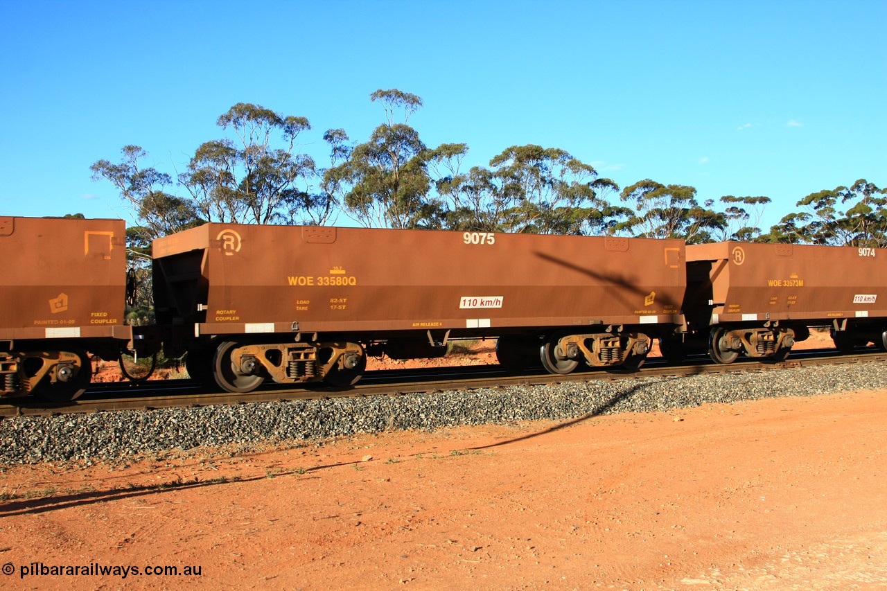 100731 03060
WOE type iron ore waggon WOE 33580 is one of a batch of one hundred and twenty eight built by United Group Rail WA between August 2008 and March 2009 with serial number 950211-120 and fleet number 9075 for Koolyanobbing iron ore operations, empty train arriving at Binduli Triangle, 31st July 2010.
Keywords: WOE-type;WOE33580;United-Group-Rail-WA;950211-120;