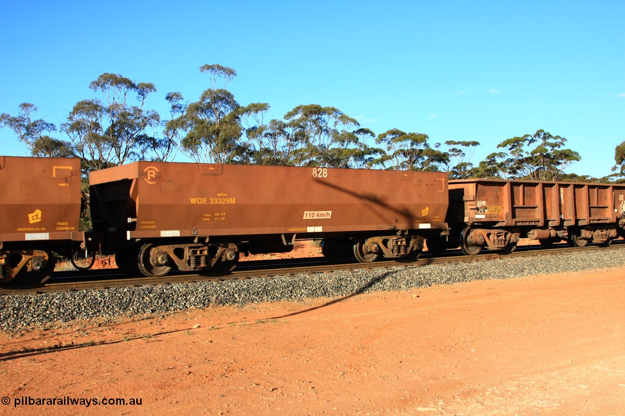 100731 03062
WOE type iron ore waggon WOE 33329 is one of a batch of one hundred and forty one built by United Goninan WA between November 2005 and April 2006 with serial number 950142-034 and fleet number 828 for Koolyanobbing iron ore operations, with and a reduced load of 82.5 tonnes, and with PORTMAN painted out, empty train arriving at Binduli Triangle, 31st July 2010.
Keywords: WOE-type;WOE33329;United-Goninan-WA;950142-034;