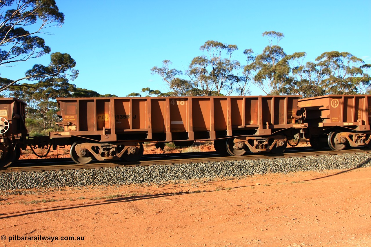 100731 03064
WOC type iron ore waggon WOC 31358 is one of a batch of thirty built by Goninan WA between October 1997 to January 1998 with fleet number 418 for Koolyanobbing iron ore operations with a 75 ton capacity and lettered for KIPL, Koolyanobbing Iron Pty Ltd which has had KIPL painted over, empty train arriving at Binduli Triangle, 31st July 2010.
Keywords: WOC-type;WOC31358;Goninan-WA;