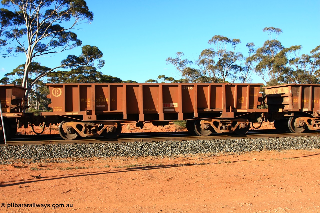 100731 03065
WOC type iron ore waggon WOC 31346 is one of a batch of thirty built by Goninan WA between October 1997 to January 1998 with fleet number 406 for Koolyanobbing iron ore operations with a 75 ton capacity and lettered for KIPL, Koolyanobbing Iron Pty Ltd which has had KIPL painted over, empty train arriving at Binduli Triangle, 31st July 2010.
Keywords: WOC-type;WOC31346;Goninan-WA;