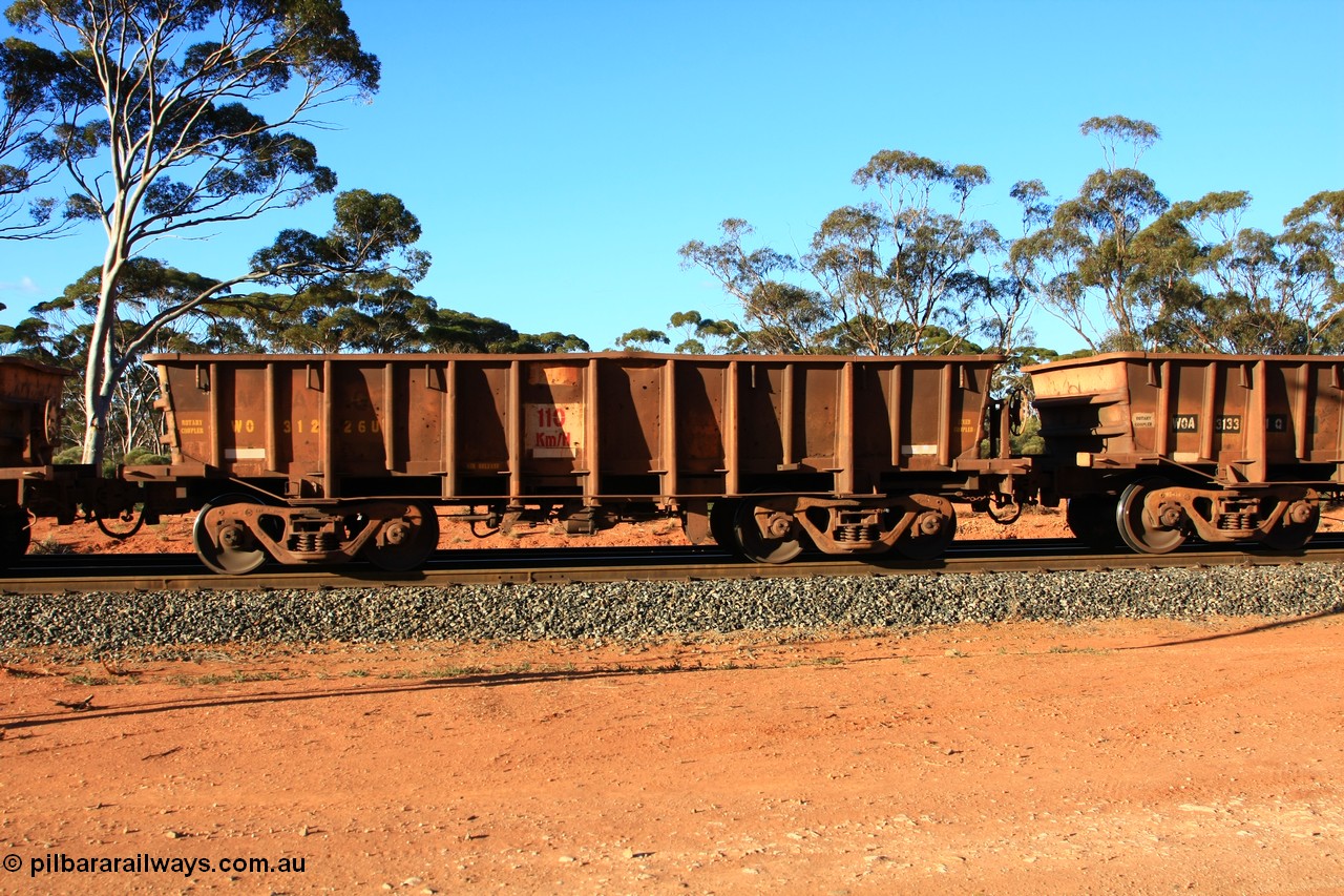 100731 03069
WO type iron ore waggon WO 31226 is one of a batch of eighty six built by WAGR Midland Workshops between 1967 and March 1968 with fleet number 120 for Koolyanobbing iron ore operations, with a 75 ton and 1018 ft³ capacity, empty train arriving at Binduli Triangle, 31st July 2010. This unit was converted to WOS superphosphate in the late 1980s till 1994 when it was re-classed back to WO.
Keywords: WO-type;WO31226;WAGR-Midland-WS;WOS-type;