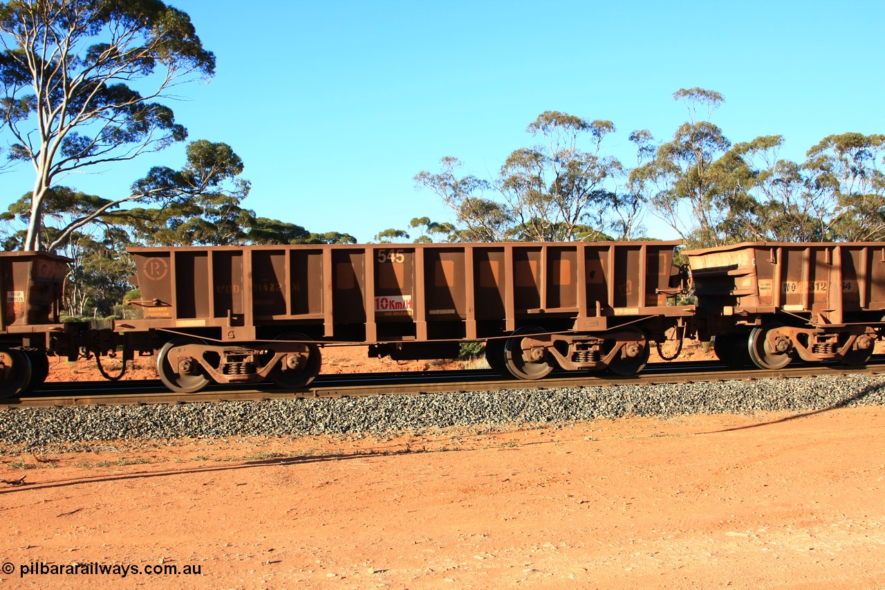 100731 03074
WOD type iron ore waggon WOD 31482 is one of a batch of sixty two built by Goninan WA between April and August 2000 with serial number 950086-054 and fleet number 545 for Koolyanobbing iron ore operations with a 75 ton capacity build date 07/2000, for Portman Mining to cart their Koolyanobbing iron ore to Esperance, PORTMAN has been painted out, empty train arriving at Binduli Triangle, 31st July 2010.
Keywords: WOD-type;WOD31482;Goninan-WA;950086-054;