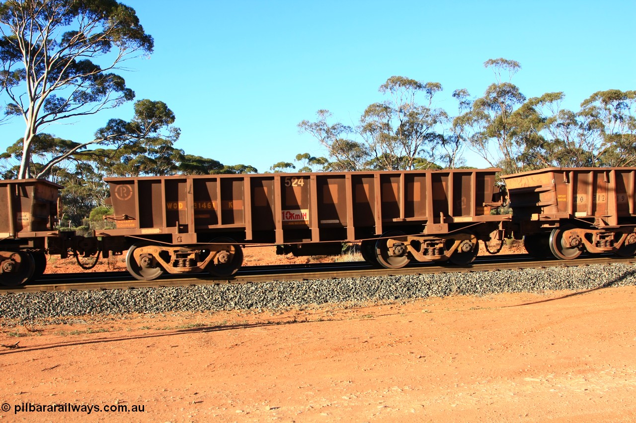 100731 03076
WOD type iron ore waggon WOD 31461 is one of a batch of sixty two built by Goninan WA between April and August 2000 with serial number 950086-033 and fleet number 524 for Koolyanobbing iron ore operations with a 75 ton capacity for Portman Mining to cart their Koolyanobbing iron ore to Esperance, PORTMAN has been painted out, empty train arriving at Binduli Triangle, 31st July 2010.
Keywords: WOD-type;WOD31461;Goninan-WA;950086-033