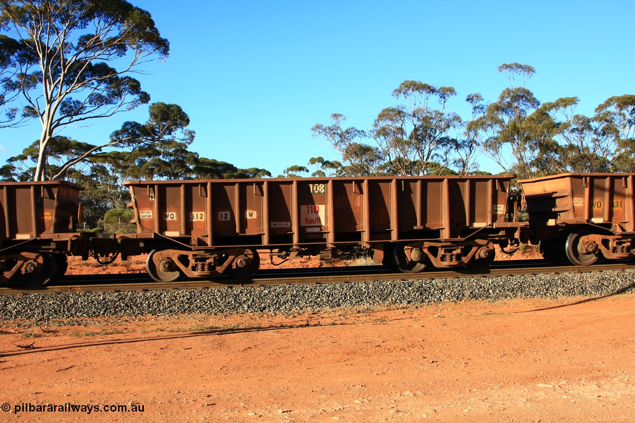 100731 03078
WO type iron ore waggon WO 31212 is one of a batch of eighty six built by WAGR Midland Workshops between 1967 and March 1968 with fleet number 108 for Koolyanobbing iron ore operations, with a 75 ton and 1018 ft³ capacity, empty train arriving at Binduli Triangle, 31st July 2010. This unit was converted to WOS superphosphate in the late 1980s till 1994 when it was re-classed back to WO.
Keywords: WO-type;WO31212;WAGR-Midland-WS;WOS-type;