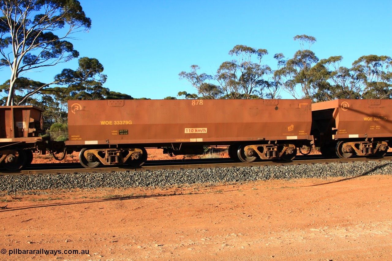 100731 03082
WOE type iron ore waggon WOE 33379 is one of a batch of one hundred and forty one built by United Group Rail WA between November 2005 and April 2006 with serial number 950142-084 and fleet number 878 for Koolyanobbing iron ore operations, empty train arriving at Binduli Triangle, 31st July 2010.
Keywords: WOE-type;WOE33379;United-Group-Rail-WA;950142-084;