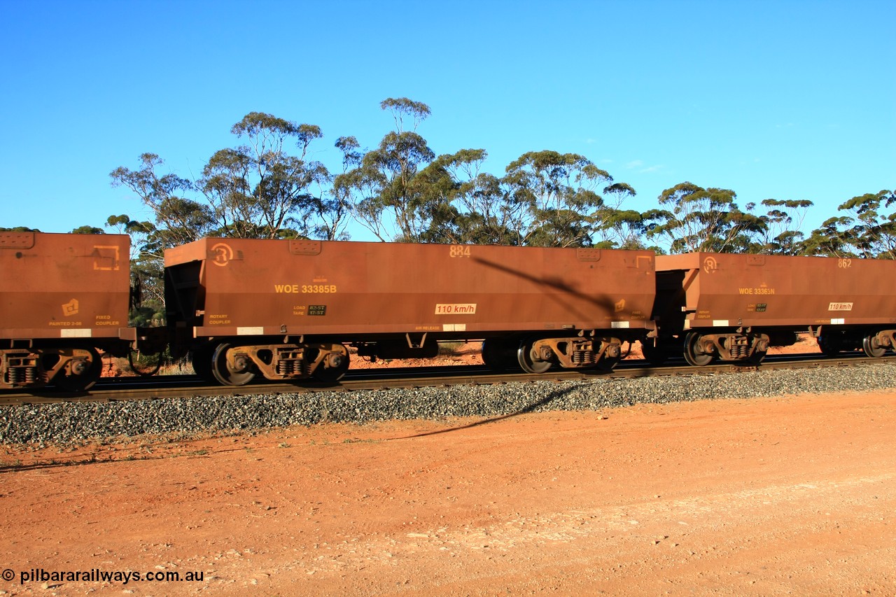 100731 03084
WOE type iron ore waggon WOE 33385 is one of a batch of one hundred and forty one built by United Group Rail WA between November 2005 and April 2006 with serial number 950142-090 and fleet number 884 for Koolyanobbing iron ore operations with PORTMAN painted out and the load revised to 82.5 tonnes, empty train arriving at Binduli Triangle, 31st July 2010.
Keywords: WOE-type;WOE33385;United-Group-Rail-WA;950142-090;