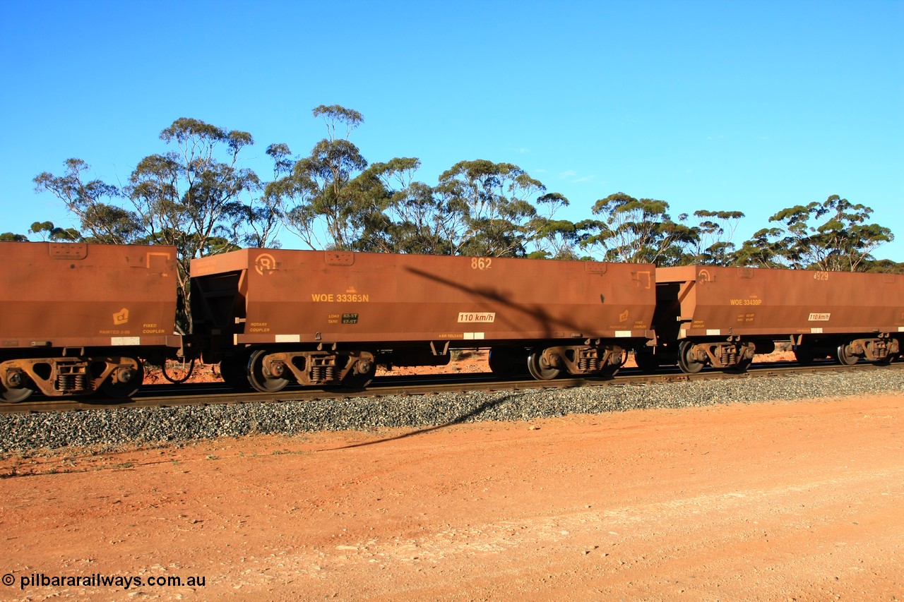 100731 03085
WOE type iron ore waggon WOE 33363 is one of a batch of one hundred and forty one built by United Goninan WA between November 2005 and April 2006 with serial number 950142-068 and fleet number 862 for Koolyanobbing iron ore operations, empty train arriving at Binduli Triangle, 31st July 2010.
Keywords: WOE-type;WOE33363;United-Goninan-WA;950142-068;