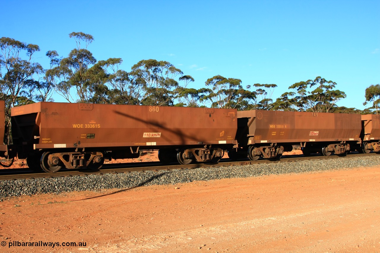 100731 03087
WOE type iron ore waggon WOE 33361 is one of a batch of one hundred and forty one built by United Goninan WA between November 2005 and April 2006 with serial number 950142-066 and fleet number 860 for Koolyanobbing iron ore operations, build date 01/2006 and a revised load of 82.5 tonnes with PORTMAN painted out, empty train arriving at Binduli Triangle, 31st July 2010.
Keywords: WOE-type;WOE33361;United-Goninan-WA;950142-066;