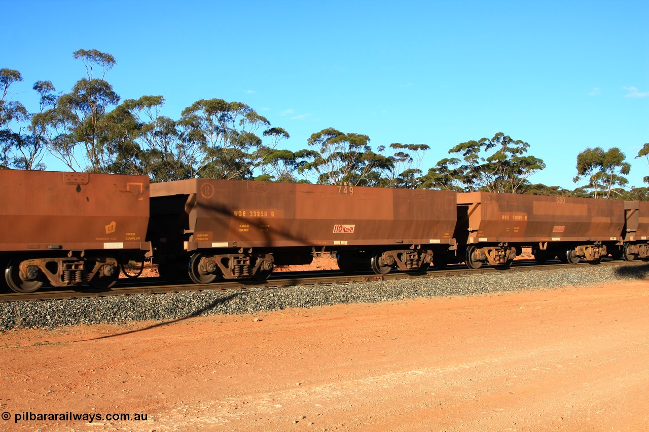 100731 03088
WOE type iron ore waggon WOE 33250 is one of a batch of twenty seven built by Goninan WA between September and October 2002 with serial number 950103-017 and fleet number 749 for Koolyanobbing iron ore operations, empty train arriving at Binduli Triangle, 31st July 2010.
Keywords: WOE-type;WOE33250;Goninan-WA;950103-017;