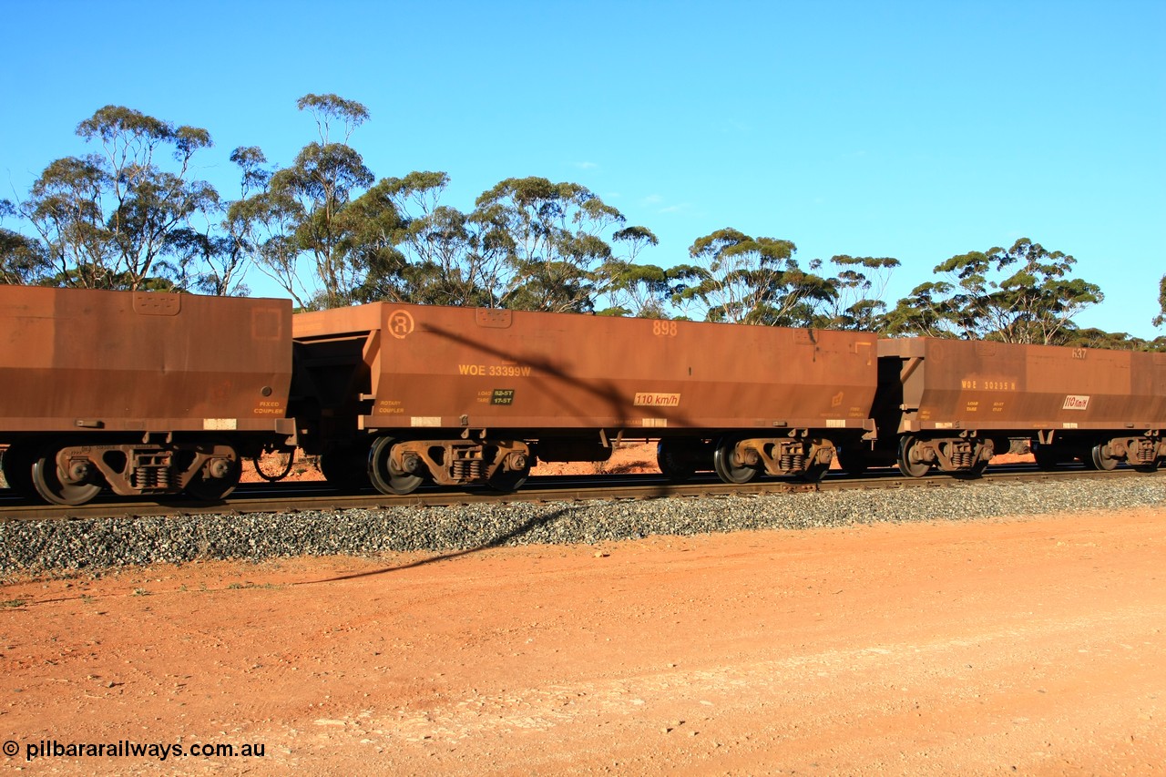 100731 03091
WOE type iron ore waggon WOE 33399 is one of a batch of one hundred and forty one built by United Group Rail WA between November 2005 and April 2006 with serial number 950142-104 and fleet number 898 for Koolyanobbing iron ore operations, empty train arriving at Binduli Triangle, 31st July 2010.
Keywords: WOE-type;WOE33399;United-Group-Rail-WA;950142-104;