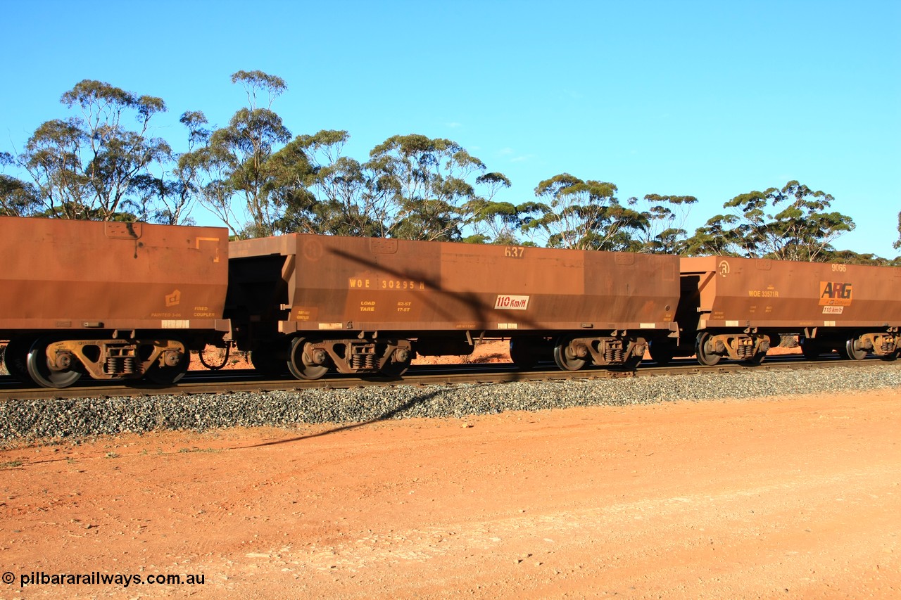 100731 03092
WOE type iron ore waggon WOE 30295 is one of a batch of one hundred and thirty built by Goninan WA between March and August 2001 with serial number 950092-045 and fleet number 637 for Koolyanobbing iron ore operations, empty train arriving at Binduli Triangle, 31st July 2010.
Keywords: WOE-type;WOE30295;Goninan-WA;950092-045;