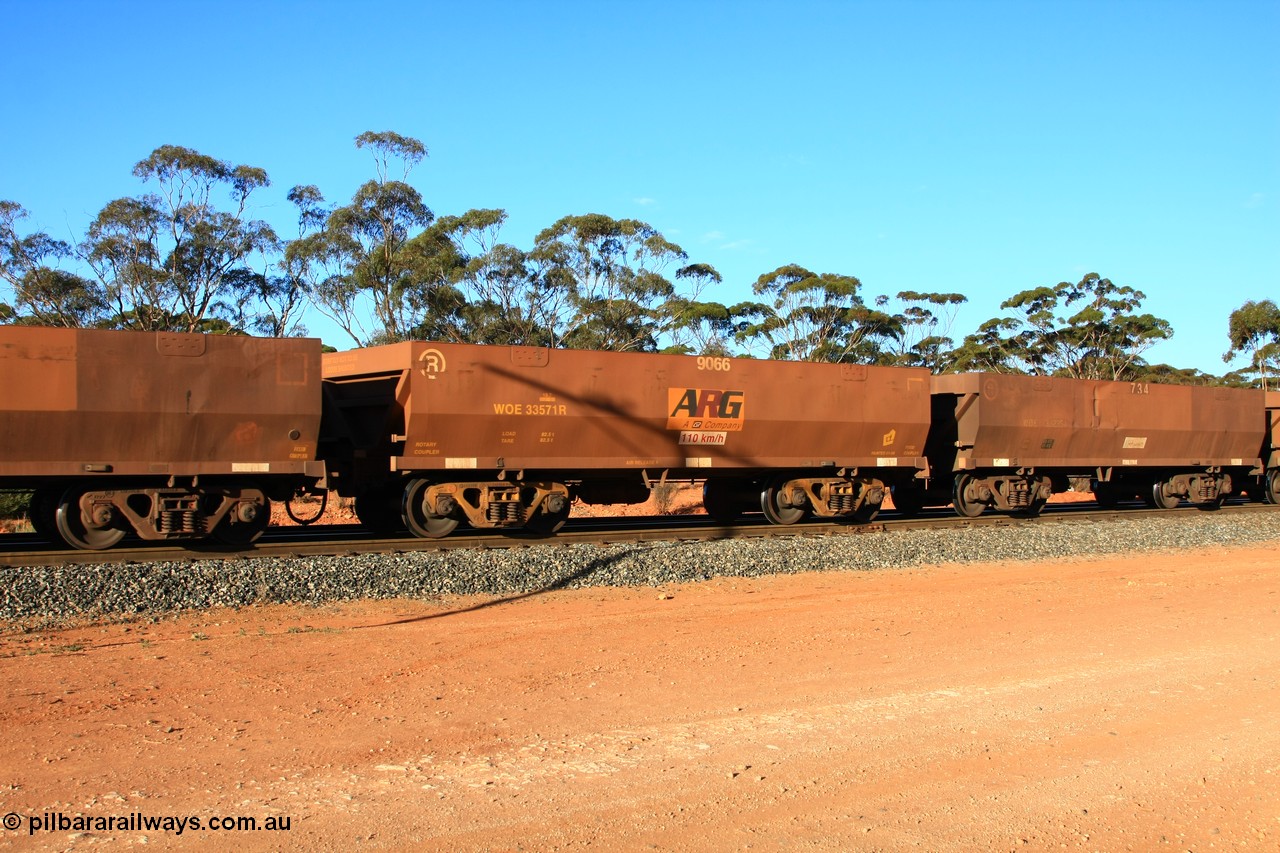 100731 03093
WOE type iron ore waggon WOE 33571 is one of a batch of one hundred and twenty eight built by United Group Rail WA between August 2008 and March 2009 with serial number 950211-111 and fleet number 9066 for Koolyanobbing iron ore operations, empty train arriving at Binduli Triangle, 31st July 2010.
Keywords: WOE-type;WOE33571;United-Group-Rail-WA;950211-111;