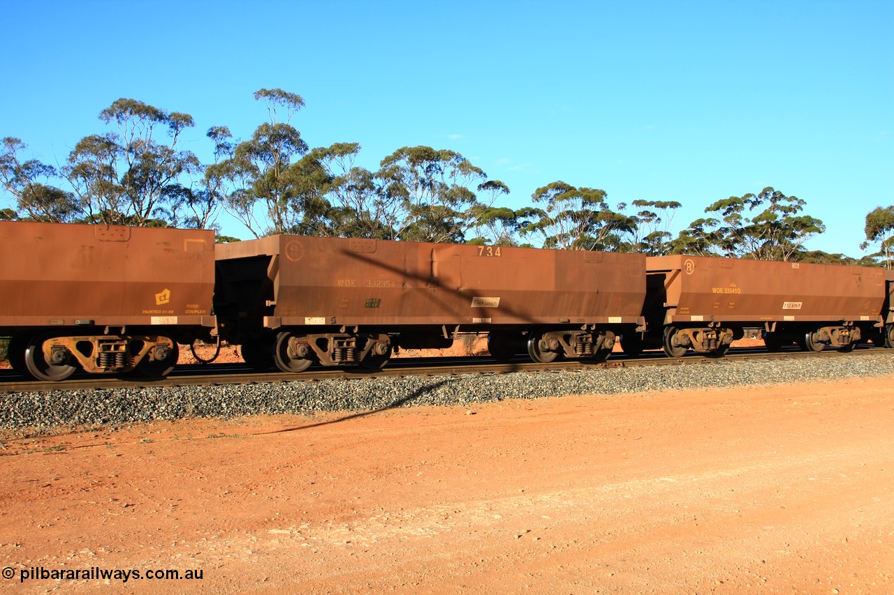 100731 03094
WOE type iron ore waggon WOE 33235 is one of a batch of twenty seven built by Goninan WA between September and October 2002 with serial number 950103-002 and fleet number 734 for Koolyanobbing iron ore operations, empty train arriving at Binduli Triangle, 31st July 2010.
Keywords: WOE-type;WOE33235;Goninan-WA;950103-002;