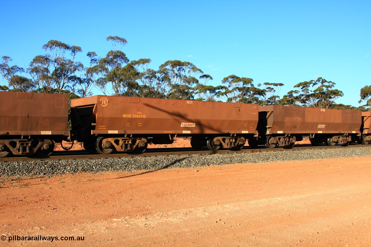 100731 03095
WOE type iron ore waggon WOE 33541 is one of a batch of one hundred and twenty eight built by United Group Rail WA between August 2008 and March 2009 with serial number 950211-081 and fleet number 9031 for Koolyanobbing iron ore operations, empty train arriving at Binduli Triangle, 31st July 2010.
Keywords: WOE-type;WOE33541;United-Group-Rail-WA;950211-081;