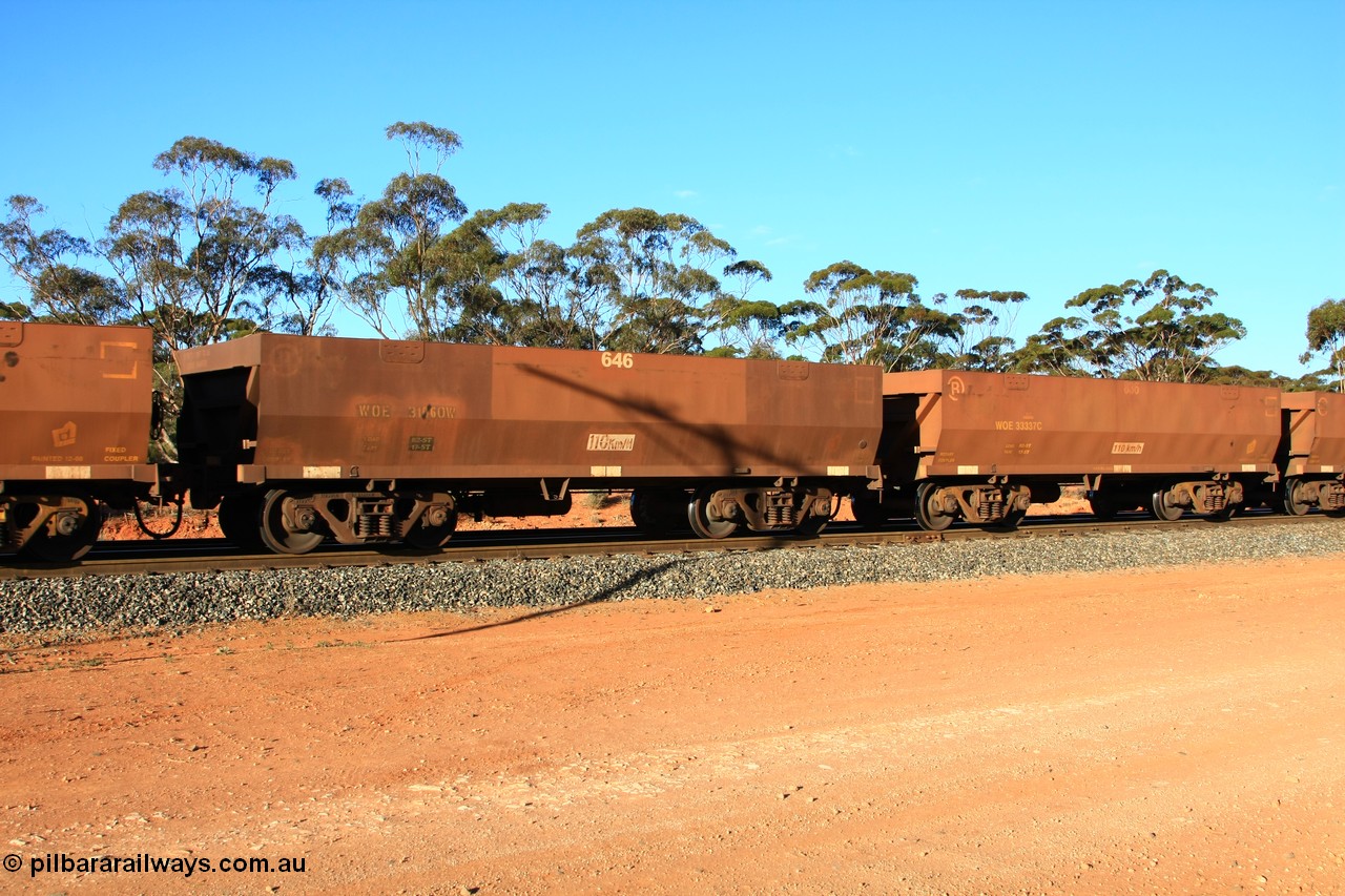 100731 03096
WOE type iron ore waggon WOE 31060 is one of a batch of fifteen built by Goninan WA between April and May 2002 with fleet number 646 for Koolyanobbing iron ore operations, empty train arriving at Binduli Triangle, 31st July 2010.
Keywords: WOE-type;WOE31060;Goninan-WA;