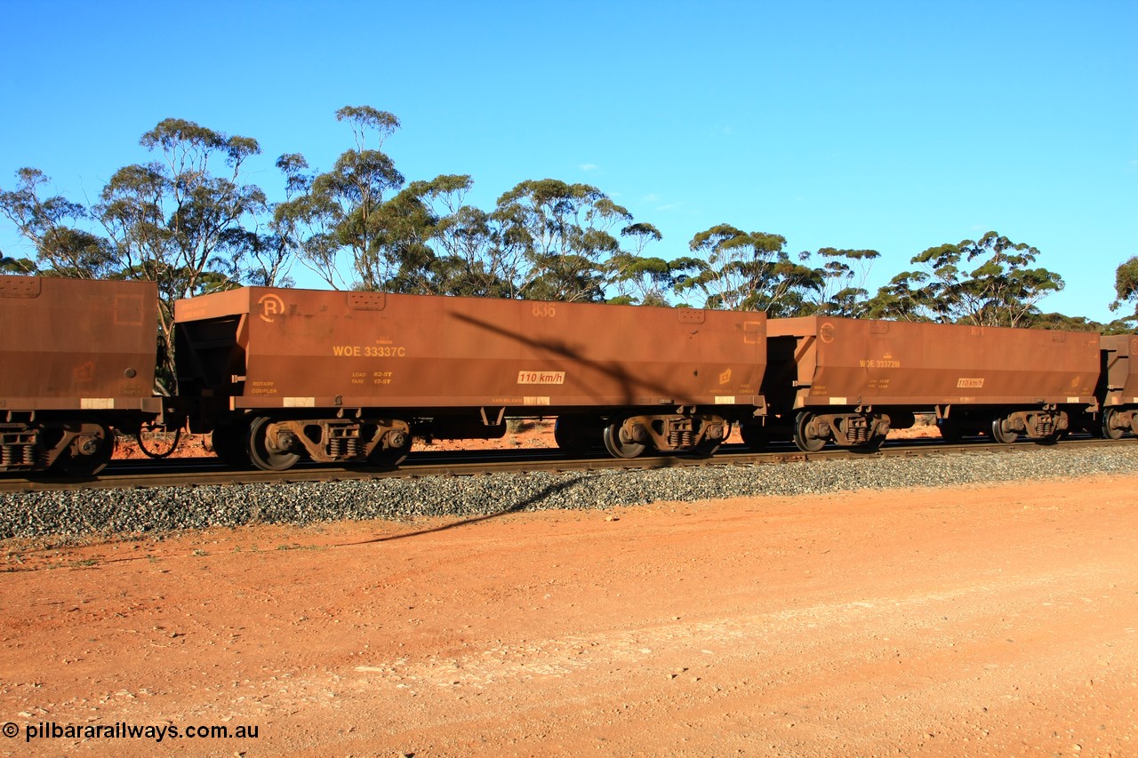 100731 03097
WOE type iron ore waggon WOE 33337 is one of a batch of one hundred and forty one built by United Goninan WA between November 2005 and April 2006 with serial number 950142-042 and fleet number 836 for Koolyanobbing iron ore operations, empty train arriving at Binduli Triangle, 31st July 2010.
Keywords: WOE-type;WOE33337;United-Goninan-WA;950142-042;