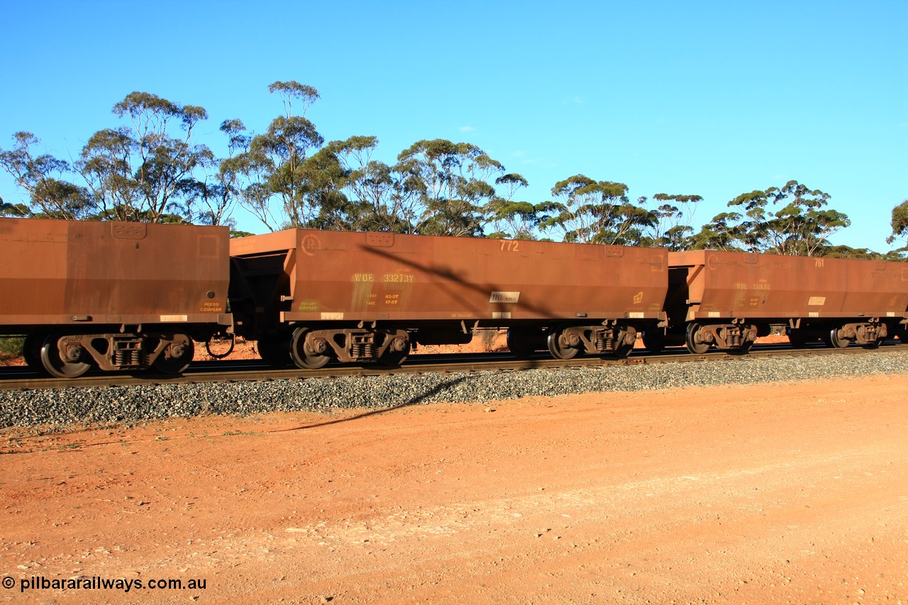 100731 03101
WOE type iron ore waggon WOE 33272 is one of a batch of thirty five built by Goninan WA between January and April 2005 with serial number 950104-012 and fleet number 771 for Koolyanobbing iron ore operations, empty train arriving at Binduli Triangle, 31st July 2010.
Keywords: WOE-type;WOE33272;Goninan-WA;950104-012;