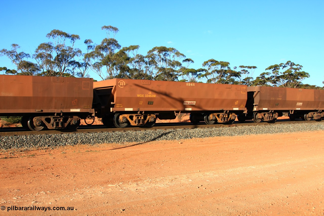 100731 03107
WOE type iron ore waggon WOE 33453 is one of a batch of seventeen built by United Group Rail WA between July and August 2008 with serial number 950209-017 and fleet number 8946 for Koolyanobbing iron ore operations, empty train arriving at Binduli Triangle, 31st July 2010.
Keywords: WOE-type;WOE33453;United-Group-Rail-WA;950209-017;
