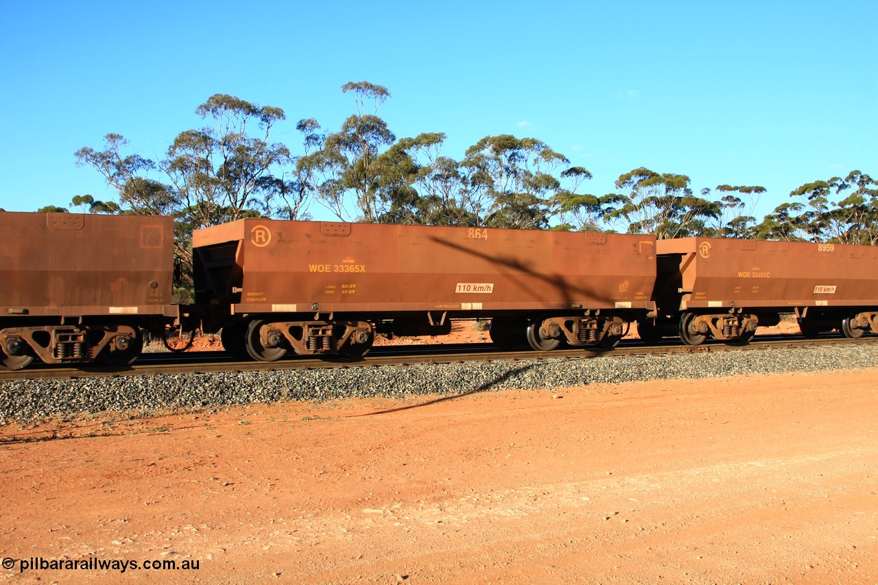 100731 03109
WOE type iron ore waggon WOE 33365 is one of a batch of one hundred and forty one built by United Goninan WA between November 2005 and April 2006 with serial number 950142-070 and fleet number 864 for Koolyanobbing iron ore operations, empty train arriving at Binduli Triangle, 31st July 2010.
Keywords: WOE-type;WOE33365;United-Goninan-WA;950142-070;