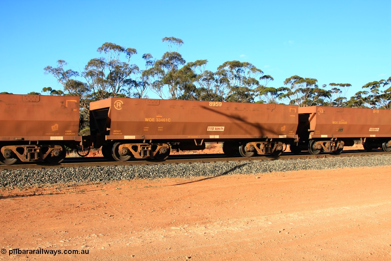 100731 03110
WOE type iron ore waggon WOE 33461 is one of a batch of one hundred and twenty eight built by United Group Rail WA between August 2008 and March 2009 with serial number 950211-003 and fleet number 8959 for Koolyanobbing iron ore operations, empty train arriving at Binduli Triangle, 31st July 2010.
Keywords: WOE-type;WOE33461;United-Group-Rail-WA;950211-003;