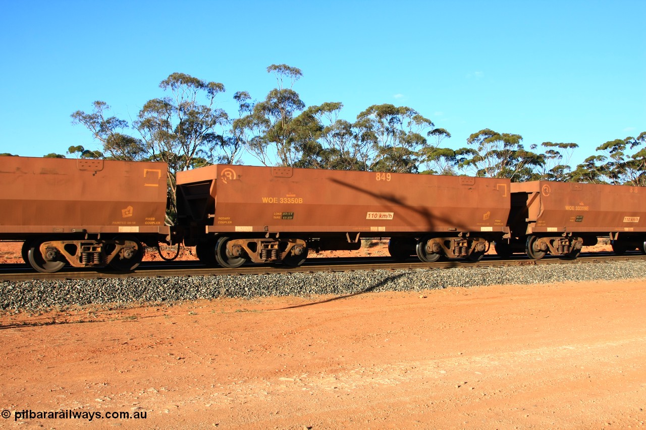 100731 03111
WOE type iron ore waggon WOE 33350 is one of a batch of one hundred and forty one built by United Goninan WA between November 2005 and April 2006 with serial number 950142-055 and fleet number 849 for Koolyanobbing iron ore operations, empty train arriving at Binduli Triangle, 31st July 2010.
Keywords: WOE-type;WOE33350;United-Goninan-WA;950142-055;