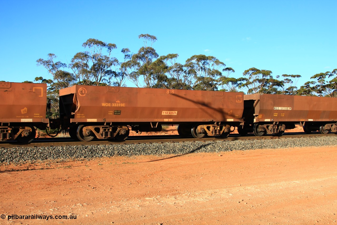 100731 03112
WOE type iron ore waggon WOE 33319 is one of a batch of one hundred and forty one built by United Goninan WA between November 2005 and April 2006 with serial number 950142-024 and fleet number 818 for Koolyanobbing iron ore operations, empty train arriving at Binduli Triangle, 31st July 2010.
Keywords: WOE-type;WOE33319;United-Goninan-WA;950142-024;
