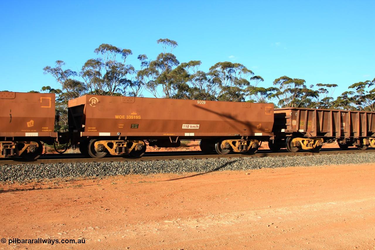 100731 03115
WOE type iron ore waggon WOE 33519 is one of a batch of one hundred and twenty eight built by United Group Rail WA between August 2008 and March 2009 with serial number 950211-059 and fleet number 9009 for Koolyanobbing iron ore operations, empty train arriving at Binduli Triangle, 31st July 2010.
Keywords: WOE-type;WOE33519;United-Group-Rail-WA;950211-059;