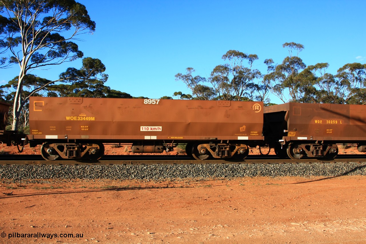 100731 03119
WOE type iron ore waggon WOE 33449 is one of a batch of seventeen built by United Group Rail WA between July and August 2008 with serial number 950209-013 and fleet number 8957 for Koolyanobbing iron ore operations, empty train arriving at Binduli Triangle, 31st July 2010.
Keywords: WOE-type;WOE33449;United-Group-Rail-WA;950209-013;