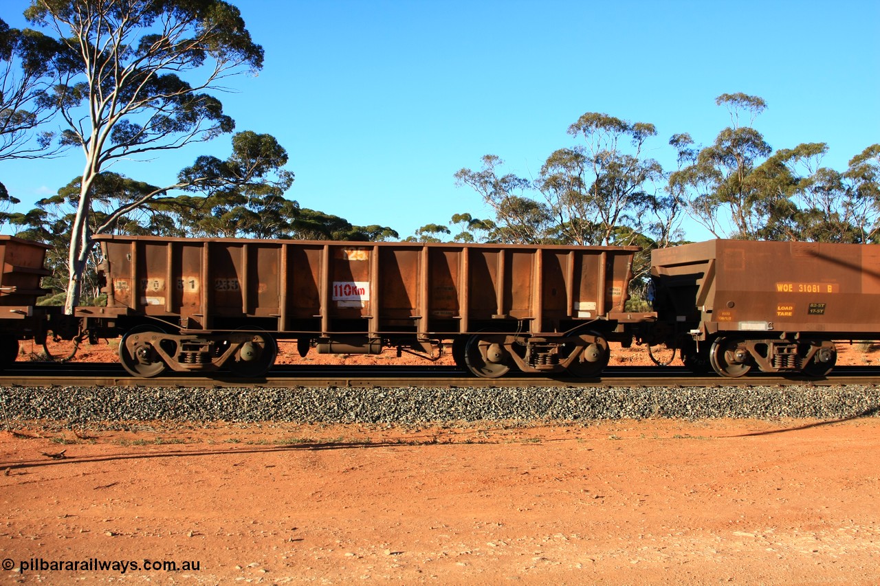 100731 03124
WO type iron ore waggon WO 31233 is one of a batch of eighty six built by WAGR Midland Workshops between 1967 and March 1968 with fleet number 125 for Koolyanobbing iron ore operations, with a 75 ton and 1018 ft³ capacity, empty train arriving at Binduli Triangle, 31st July 2010. This unit was converted to WOC for coal in 1986 till 1994 when it was re-classed back to WO.
Keywords: WO-type;WO31233;WAGR-Midland-WS;